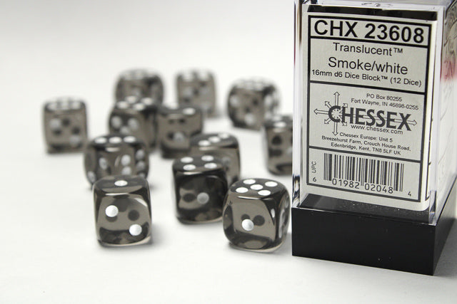 Chessex Translucent 16mm d6 Smoke/white Dice Block™ (12 dice)