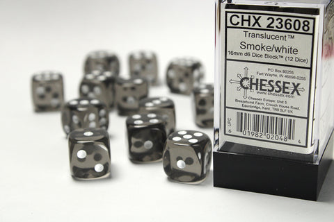 Chessex Translucent 16mm d6 Smoke/white Dice Block™ (12 dice)