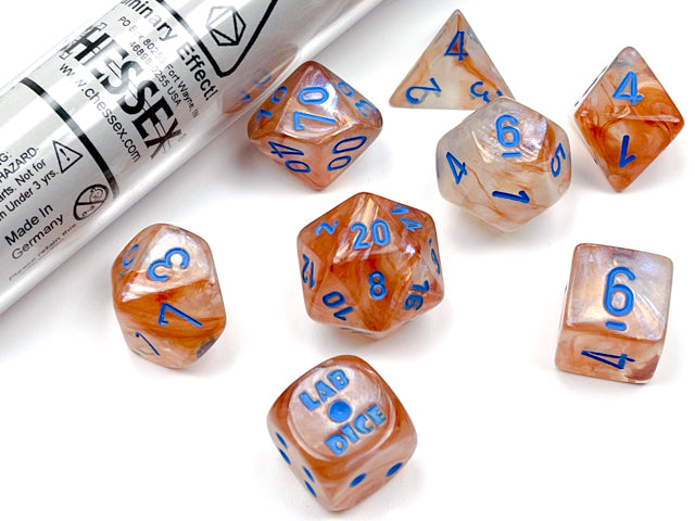 Lab Dice 5: Borealis® Polyhedral Rose Gold/light blue Luminary™ 7-Die Set