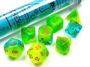 Lab Dice 5: Gemini® Polyhedral Plasma Green-Teal/orange Luminary™ 7-Die Set