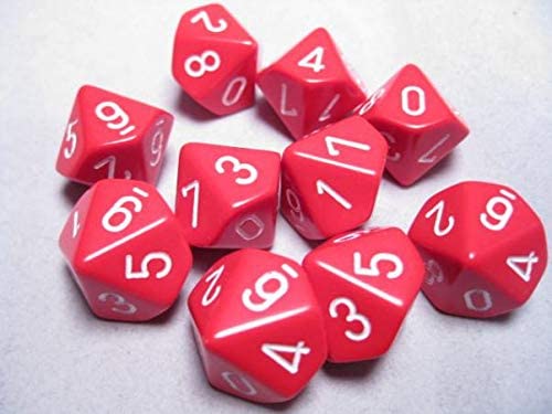 Chessex  Opaque Red and White- Ten Sided Die d10 Set (10)