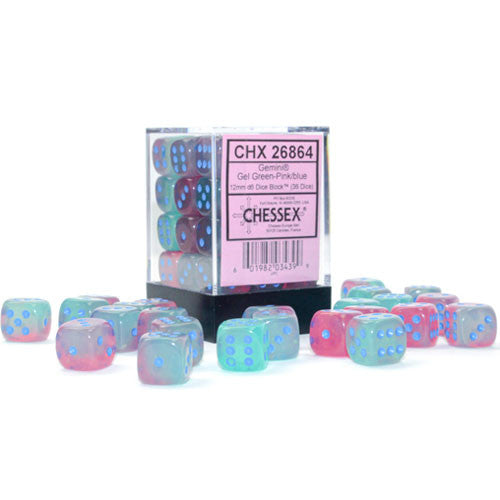 Gemini: 12mm d6 Gel Green-Pink/blue Luminary Dice Block (36 dice)