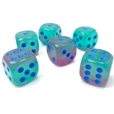 Gemini: 16mm d6 Gel Green-Pink/blue Luminary Dice Block (12 dice)