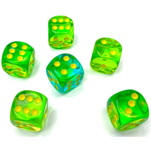 Gemini: 16mm d6 Translucent Green-Teal/yellow Dice Block (12 dice)