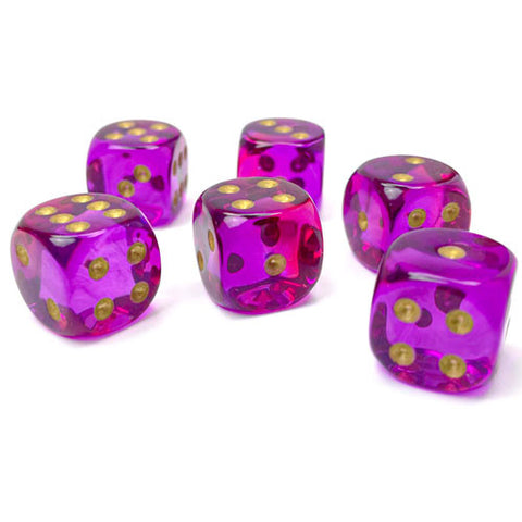 Gemini: 16mm d6 Translucent Red-Violet/gold Dice Block (12 dice)