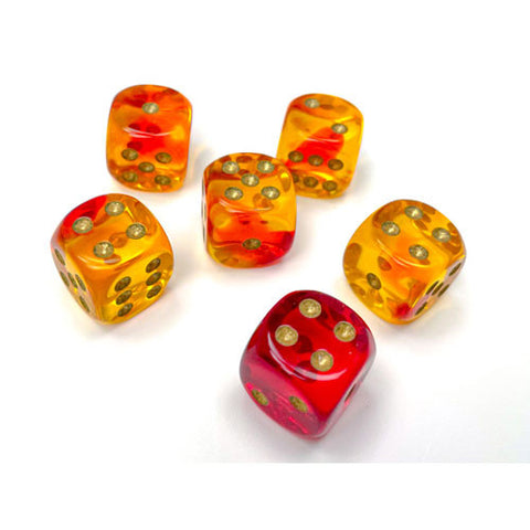 Gemini: 16mm d6 Translucent Red-Yellow/gold Dice Block (12 dice)