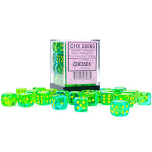 Gemini: 12mm d6 Translucent Green-Teal/yellow Dice Block (36 dice)