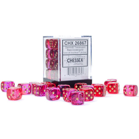 Gemini: 12mm d6 Translucent Red-Violet/gold Dice Block (36 dice)